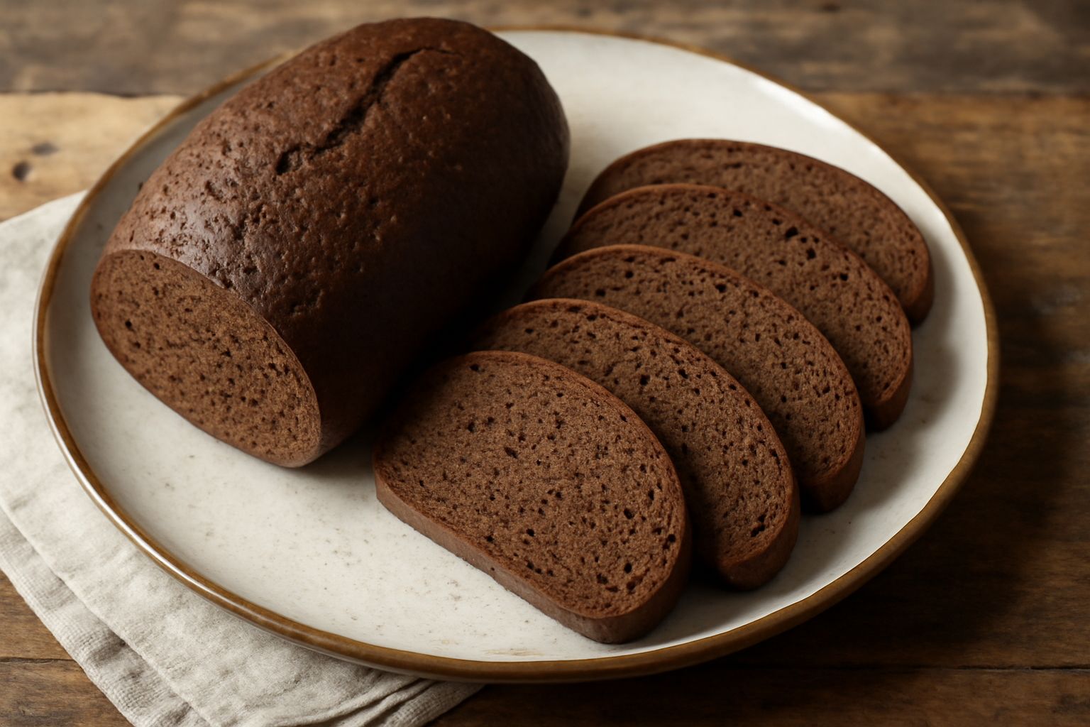 Pane nero dalla crosta scura e rugosa, tagliato a fette su un tavolo di legno, con mollica compatta di colore bruno e grano di segale visibile nella sezione
