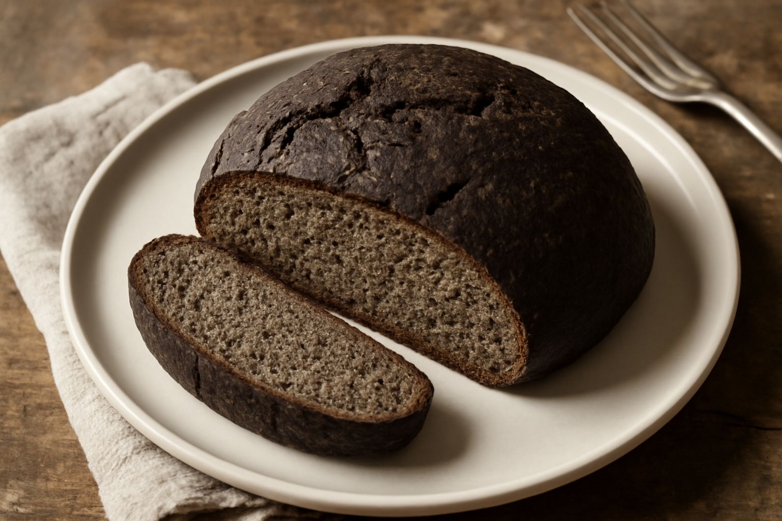 Pane nero a fette su una tavola di legno, con crosta scura e screpolata, mollica compatta grigio-marrone, accompagnato da chicchi di segale e spighe di grano su sfondo neutro