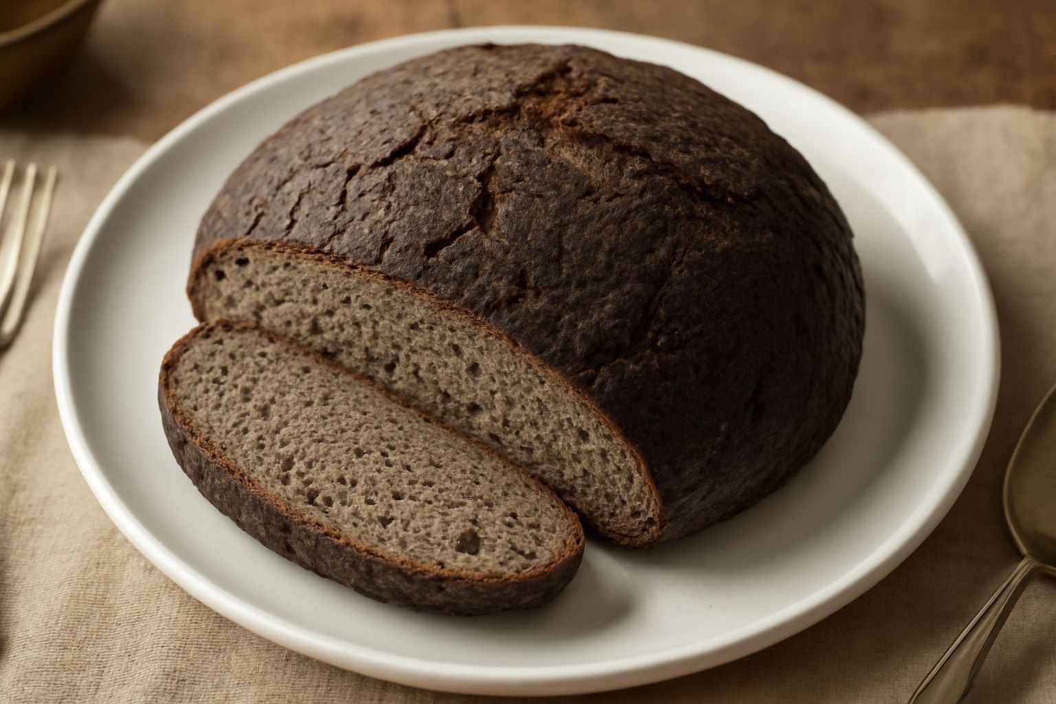 Pane nero di forma rotonda, crosta scura quasi nera e rugosa, tagliato a metà per mostrare l'interno della mollica grigia e compatta, poggiato su un canovaccio di lino naturale
