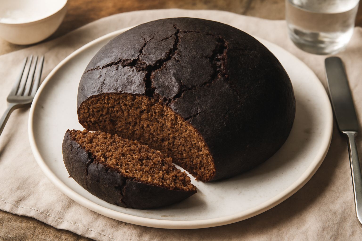 Pane nero rotondo e compatto con crosta scura e spaccature naturali, spezzato a metà per mostrare la mollica densa e il colore marrone scuro, appoggiato su una tavola di legno con chicchi di grano spa
