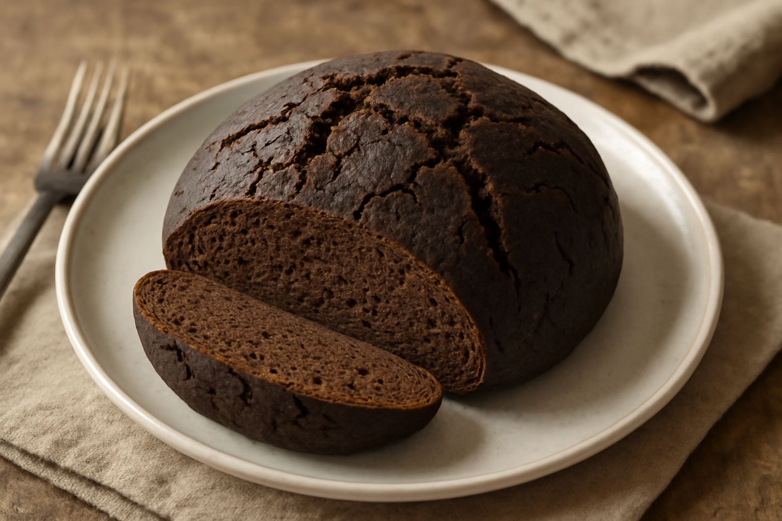 Pane nero di Assisi tagliato a fette su un tavolo in legno, con crosta scura e screpolata, interno marrone scuro con alveoli, accanto pane intero a forma tonda leggermente appiattita