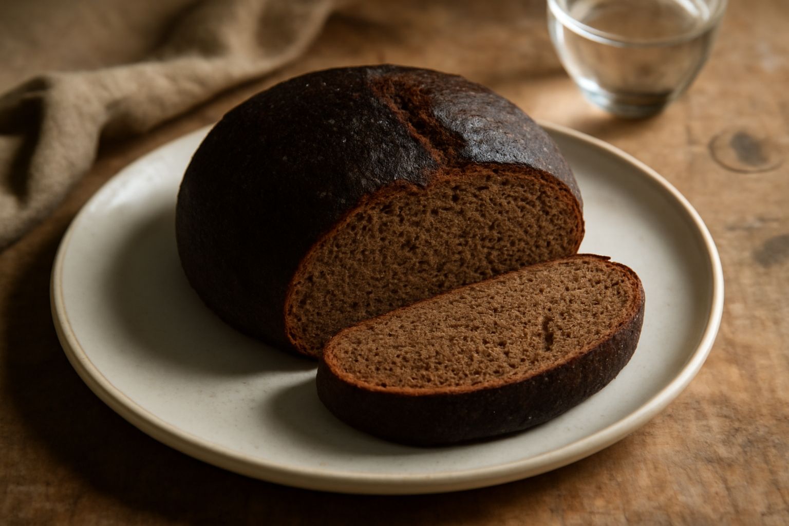 Pane scuro tondo ritagliato a metà, che mostra una mollica fitta color marrone con alveoli piccoli e irregolari, crosta spessa color nero-marrone opaca, poggiato su un canovaccio beige