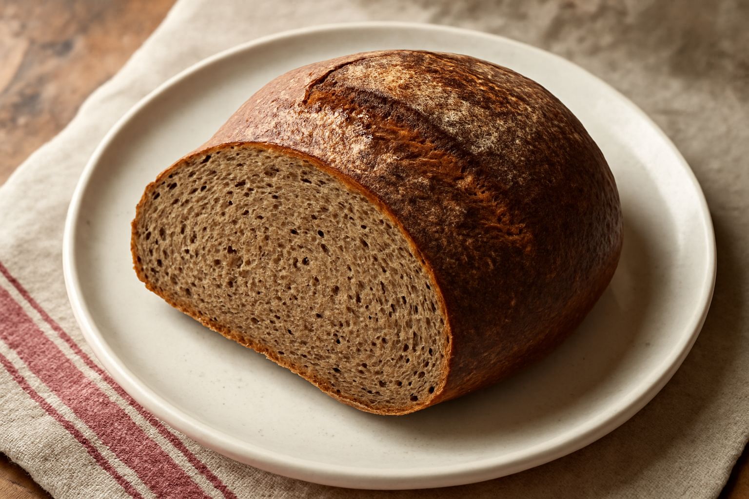 Pane nero di Catania tagliato a fette su una tavola di legno, crosta scura e croccante, mollica compatta grigio-marrone, con accanto spighe di grano