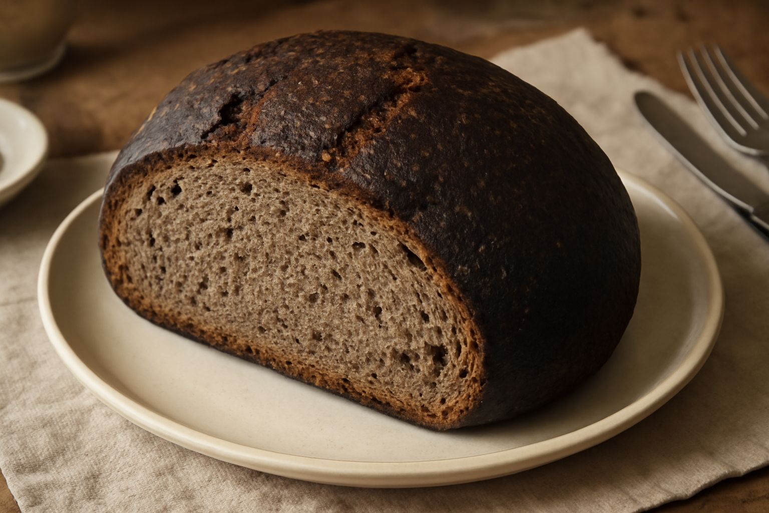 Pane nero di Crispiano intero e affettato su tavolo di legno, con crosta marrone scuro spessa e croccante, mollica densa grigio-beige, atmosfera di cucina rustica con farina sparsa