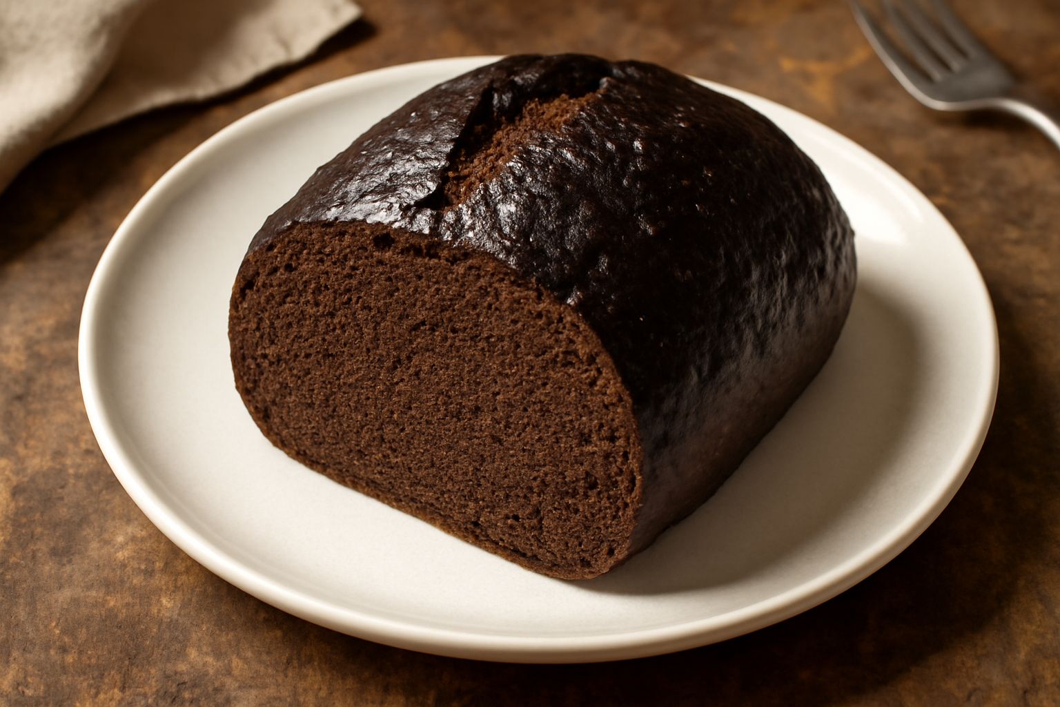 Pane nero di forma rettangolare, dalla crosta scura e spessa, affettato su un tagliere di legno. La miga è densa, compatta, di colore marrone scuro. A lato un bicchiere di acqua e qualche chicco di se