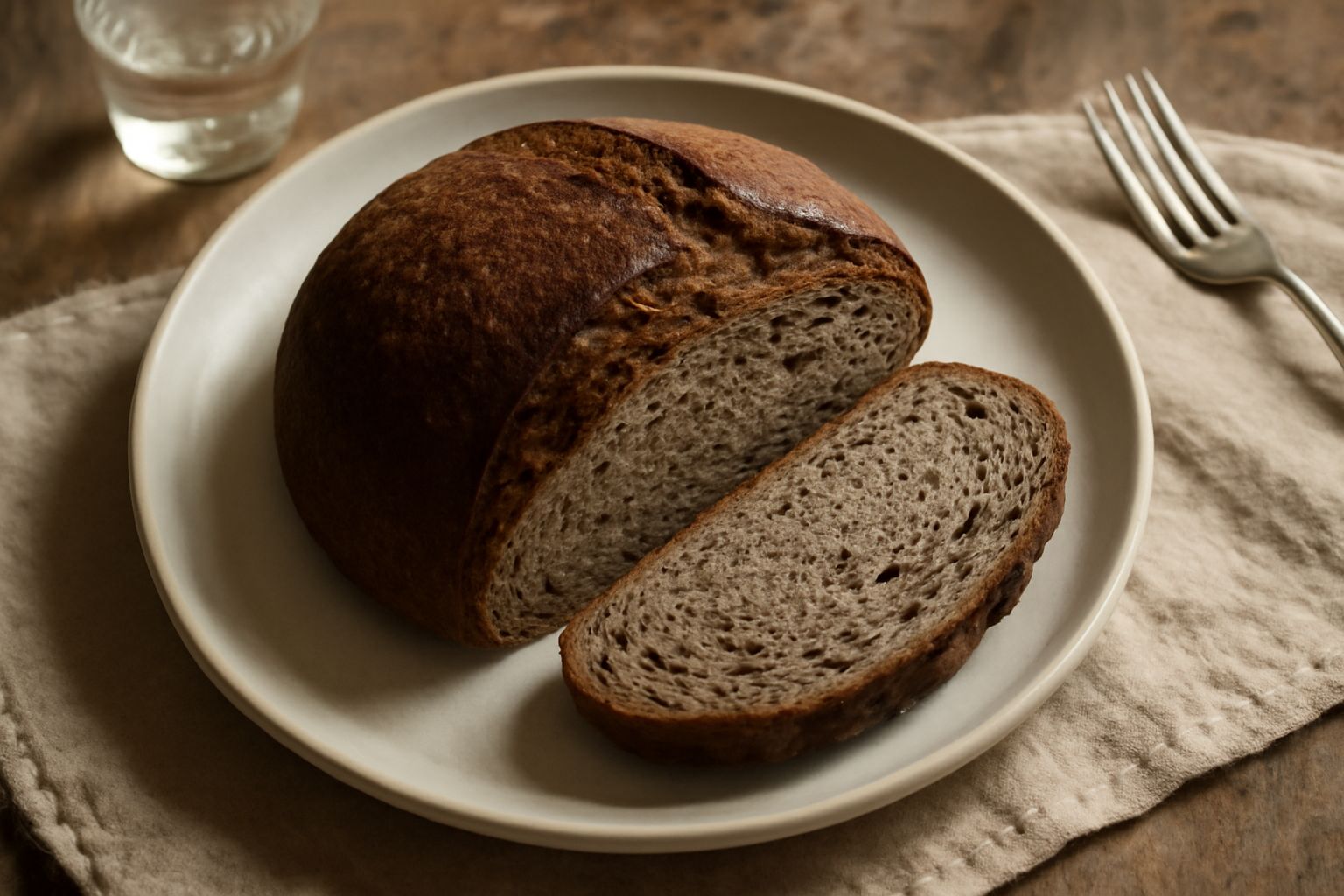 Pane nero di Genova appena sfornato, crosta scura e rugosa, tagliato a fette su un tavolo di legno, miga densa e grigiastra, vapore ancora visibile, accanto a un coltello in legno