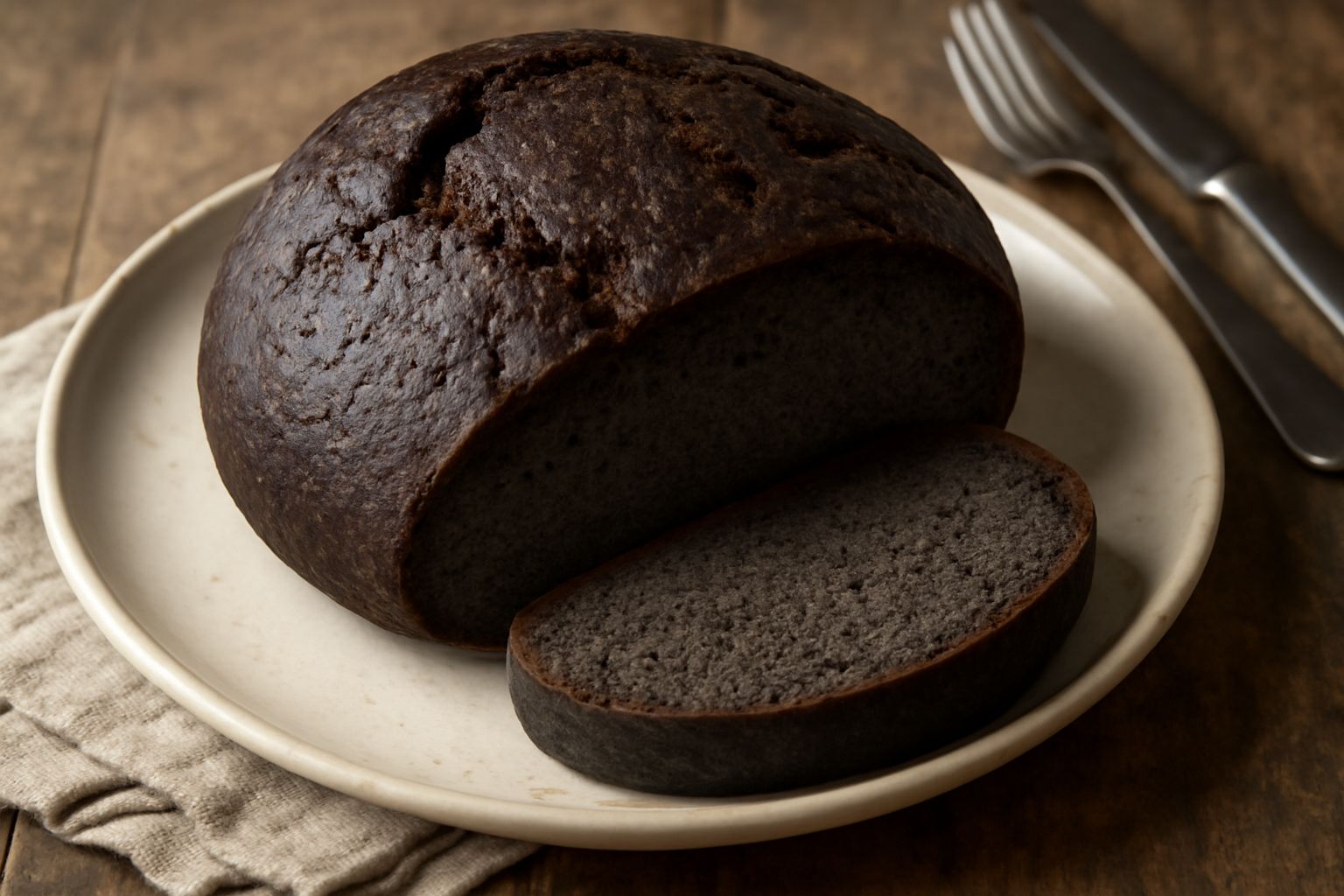 Pane nero di forma rotonda con crosta marrone scuro e rugosa, affettato per mostrare l'interno compatto e grigio scuro, disposto su una tavola di legno con un coltello da pane