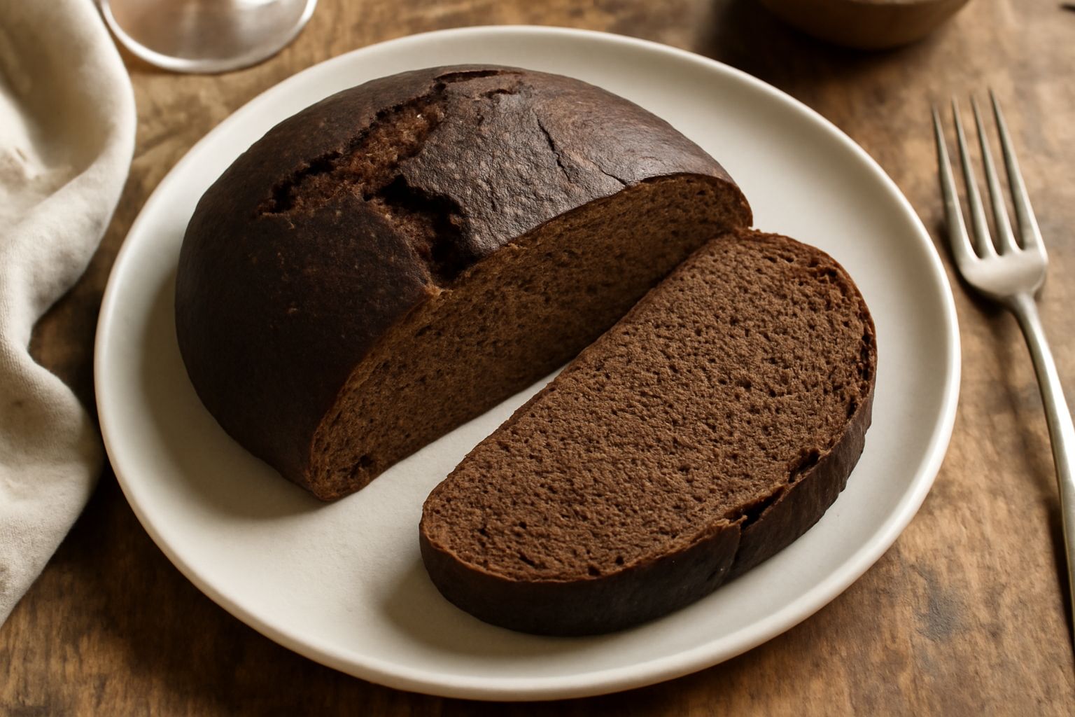 Una pagnotta di pane nero di Marsala tagliata a fette su una tavola di legno naturale, mollica scura e densa, crosta marrone scuro opaco, accanto pezzi di pane sfoggianti la sezione trasversale