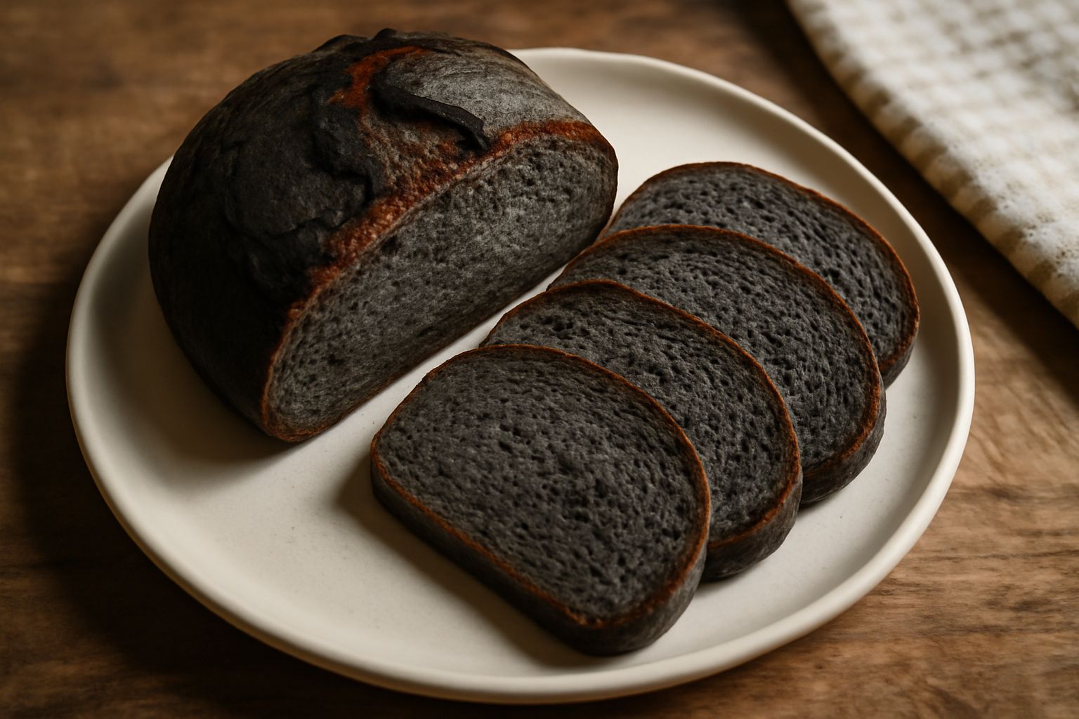 Pagnotta di pane nero di Matera appena sfornata, dalla crosta scura e leggermente screpolata, tagliata a metà per mostrare l'interno denso e la mollica grigia