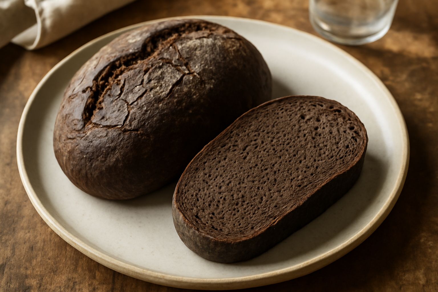 Pagnotta di pane nero di Merano intera e affettata su tavolo di legno, mollica scura e compatta visibile al taglio, crosta marrone scuro opaca, fette disposte a ventaglio