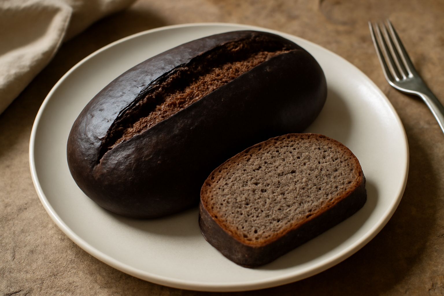 Pane nero di Modica intero e affettato su tavolo di legno: crosta quasi nera lucida, mollica densa e compatta color nocciola chiaro, fette di spessore medio, nessuna guarnizione