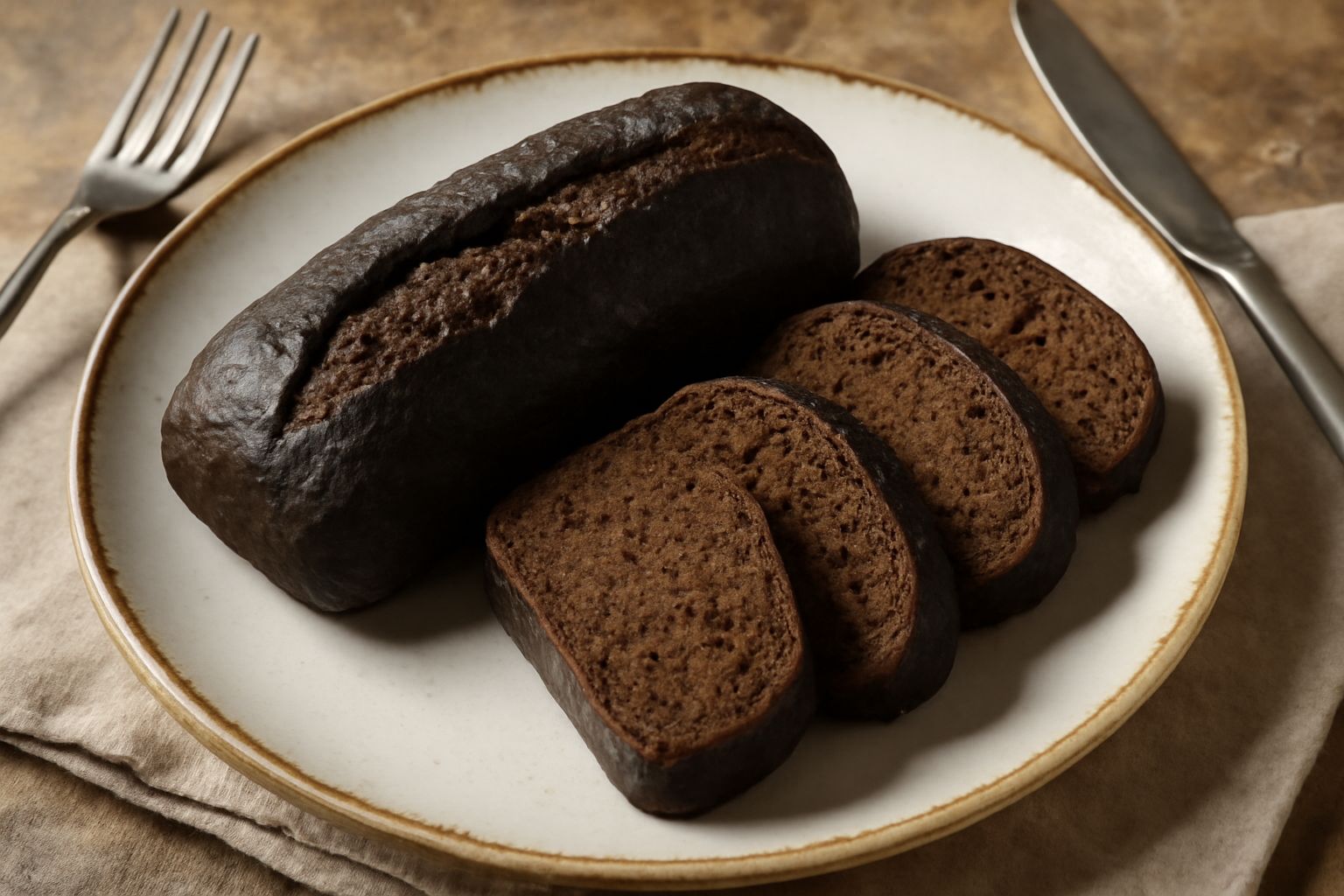 Pane nero di Monferrato appena sfornato, con crosta scura e screpolature, tagliato a fette mostrando la mollica densa e il colore marrone scuro, posato su una tavola di legno rustica con chicchi di gr