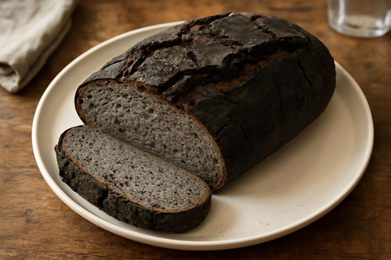 Pane nero scuro con crosta rugosa e sfaccettata, tagliato a fette su un tagliere di legno chiaro; l'interno mostra una mollica compatta e grigiastra con alveoli piccolissimi, contorno bianchiccia su p
