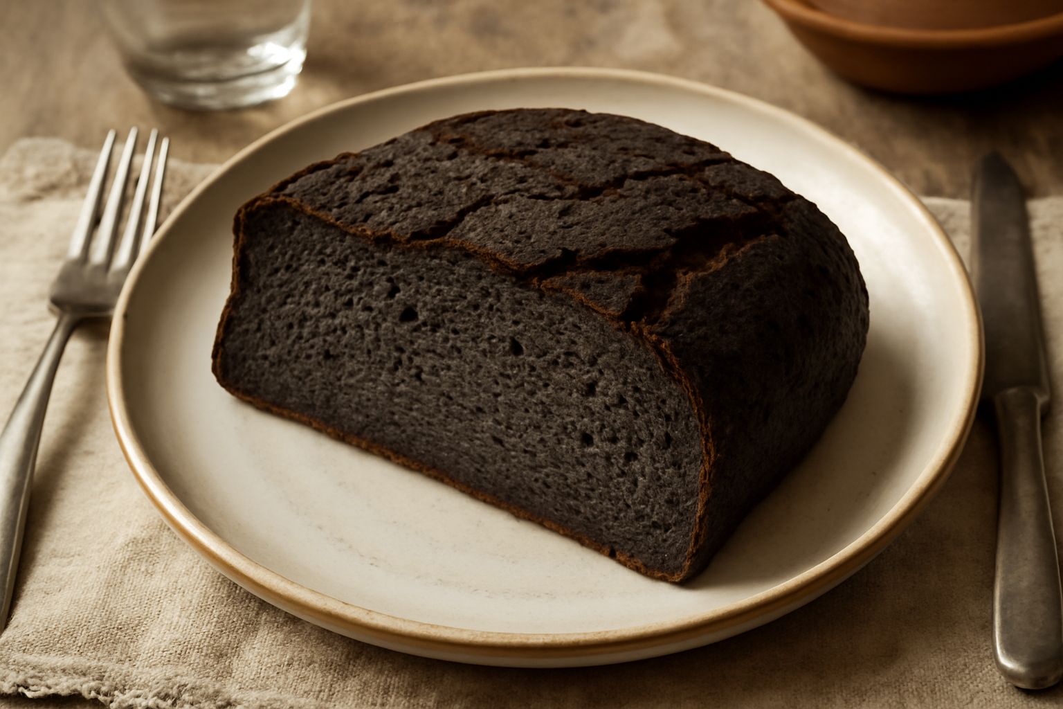 Pane nero di Monteverde tagliato a fette, dalla mollica scura e compatta, superficie leggermente butterata, posto su una tavola di legno accanto a spighe di grano