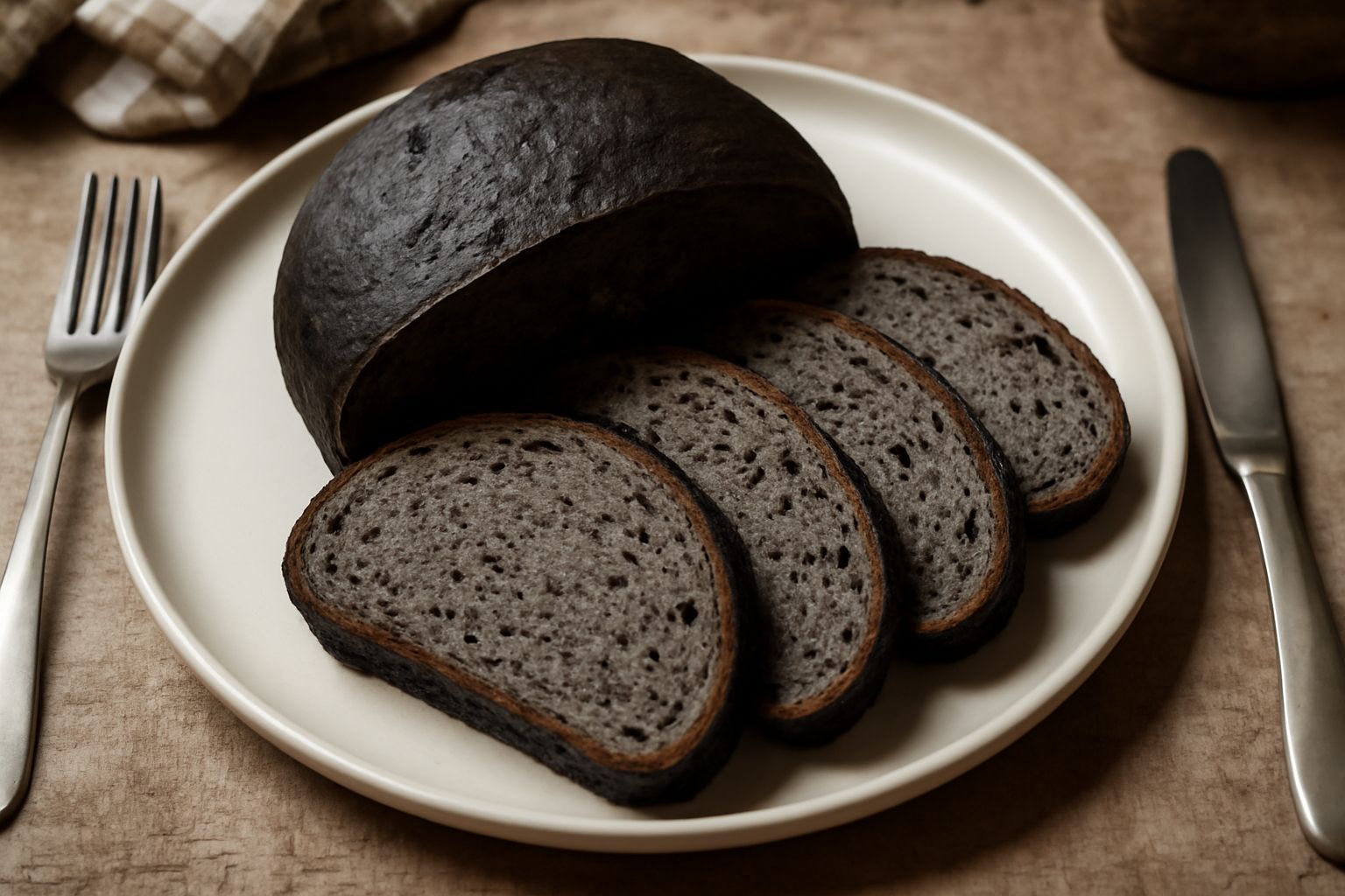 Pane nero di Norcia affettato su un tagliere di legno, con crosta molto scura quasi nera, interno marmorizzato grigio e marrone, con spighe di grano accanto e un coltello da pane