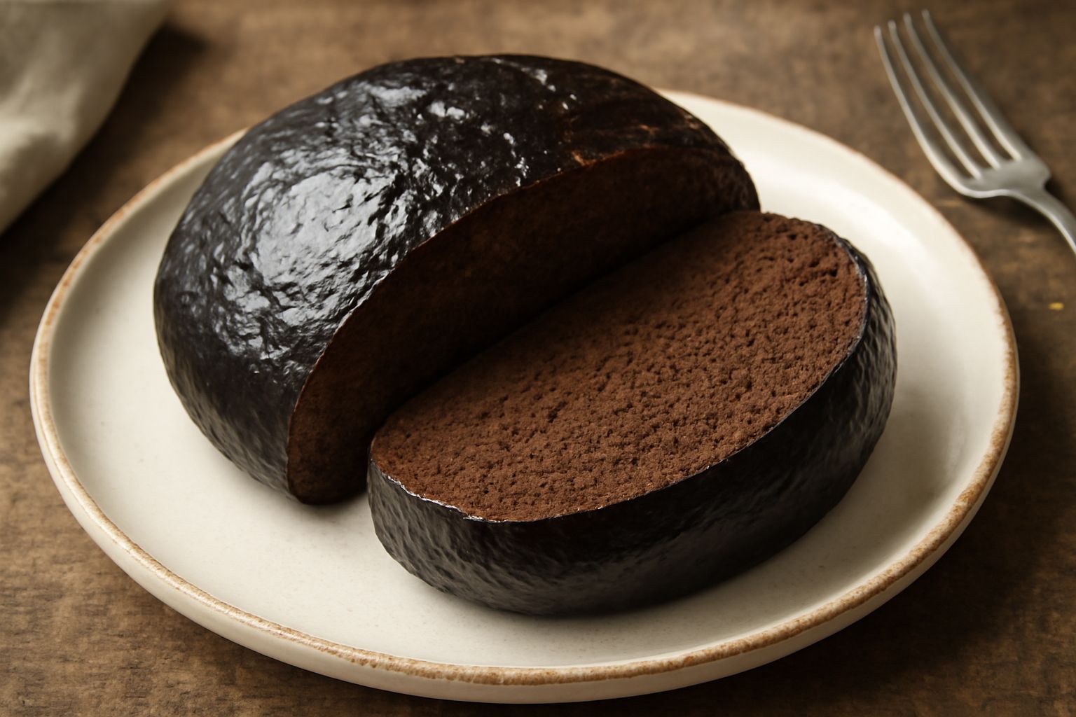 Pane nero di Ragusa affettato su tavolo in legno scuro, con crosta nera e lucida, interno marrone scuro compatto, accanto spighe di grano