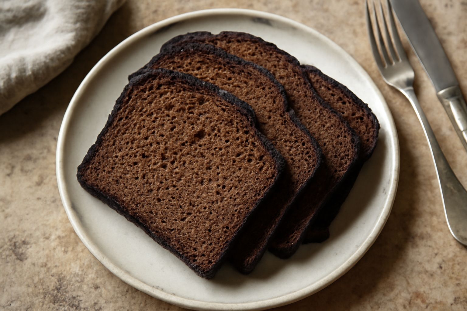 Pane nero di segale appena sfornato, tagliato a fette, con crosta scura e crumb compatto di colore marrone scuro, superficie rugosa e irregolare, servito su un tavolo di legno con poche spighe di sega