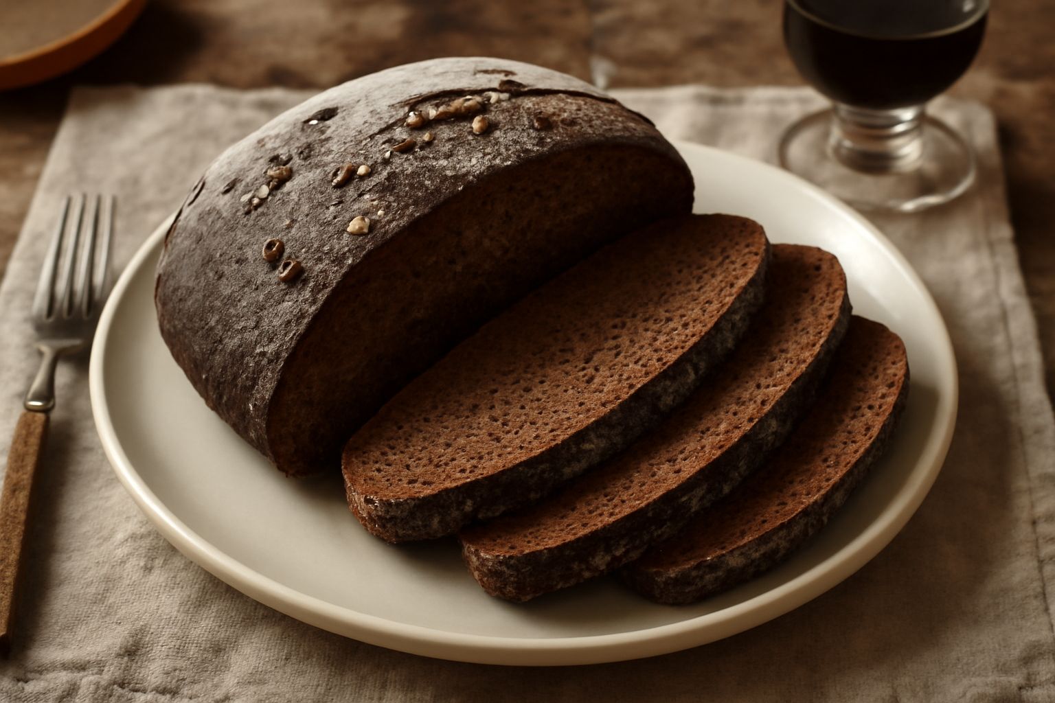 Pane nero di Segusino a fette su un tagliere di legno, crosta scura e fragrante, miga compatta e scura, con chicchi di segale visibili in superficie e in sezione