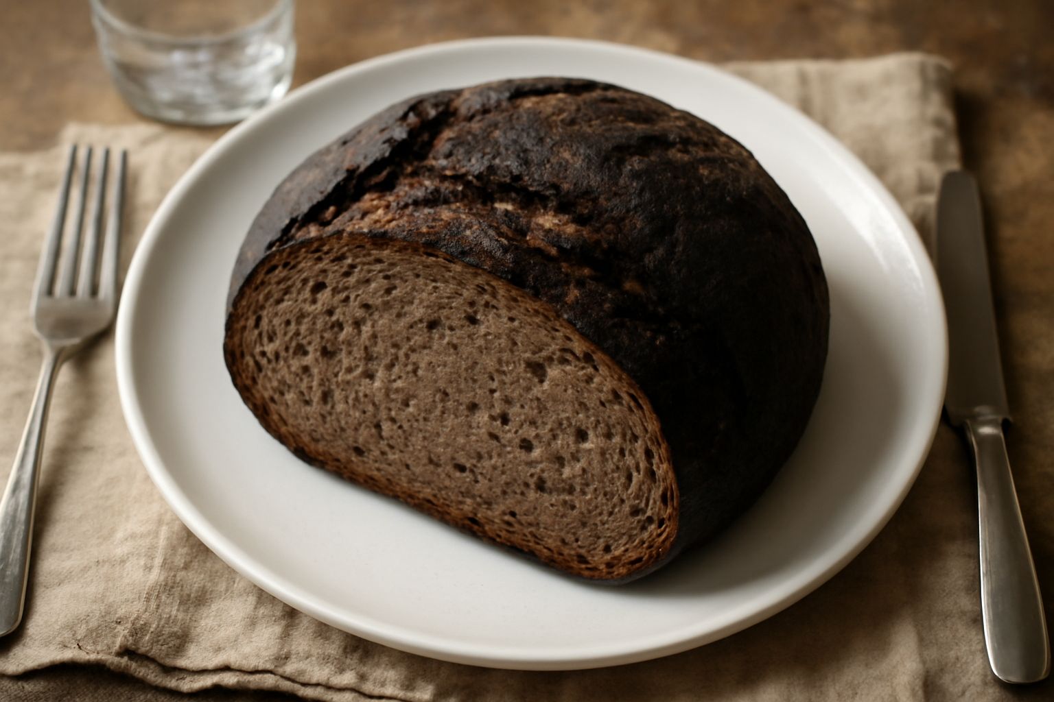Pane nero a forma rotonda con crosta scura e rugosa, tagliato a metà per mostrare la mollica compatta grigia e marrone, poggiato su tavolo di legno con farina sparsa intorno