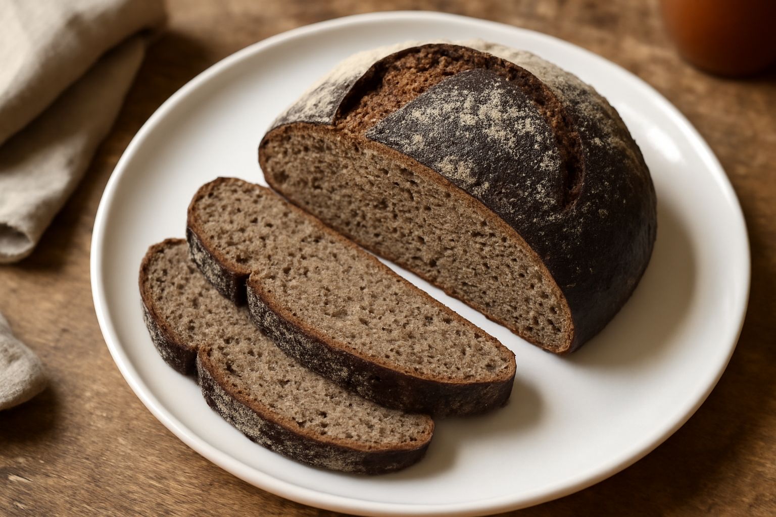 Pane nero di Sorrento affettato, che mostra la crosta marrone scuro e la mollica compatta di colore grigio, disposto su una tavola di legno con alcune fette accanto