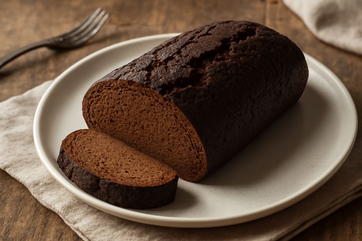 Pane nero di Sulmona affettato su tavolo di legno, mostra una mollica scura densa con venature chiare, crosta color marrone molto scuro, fette spesse appoggiate accanto al pane intero