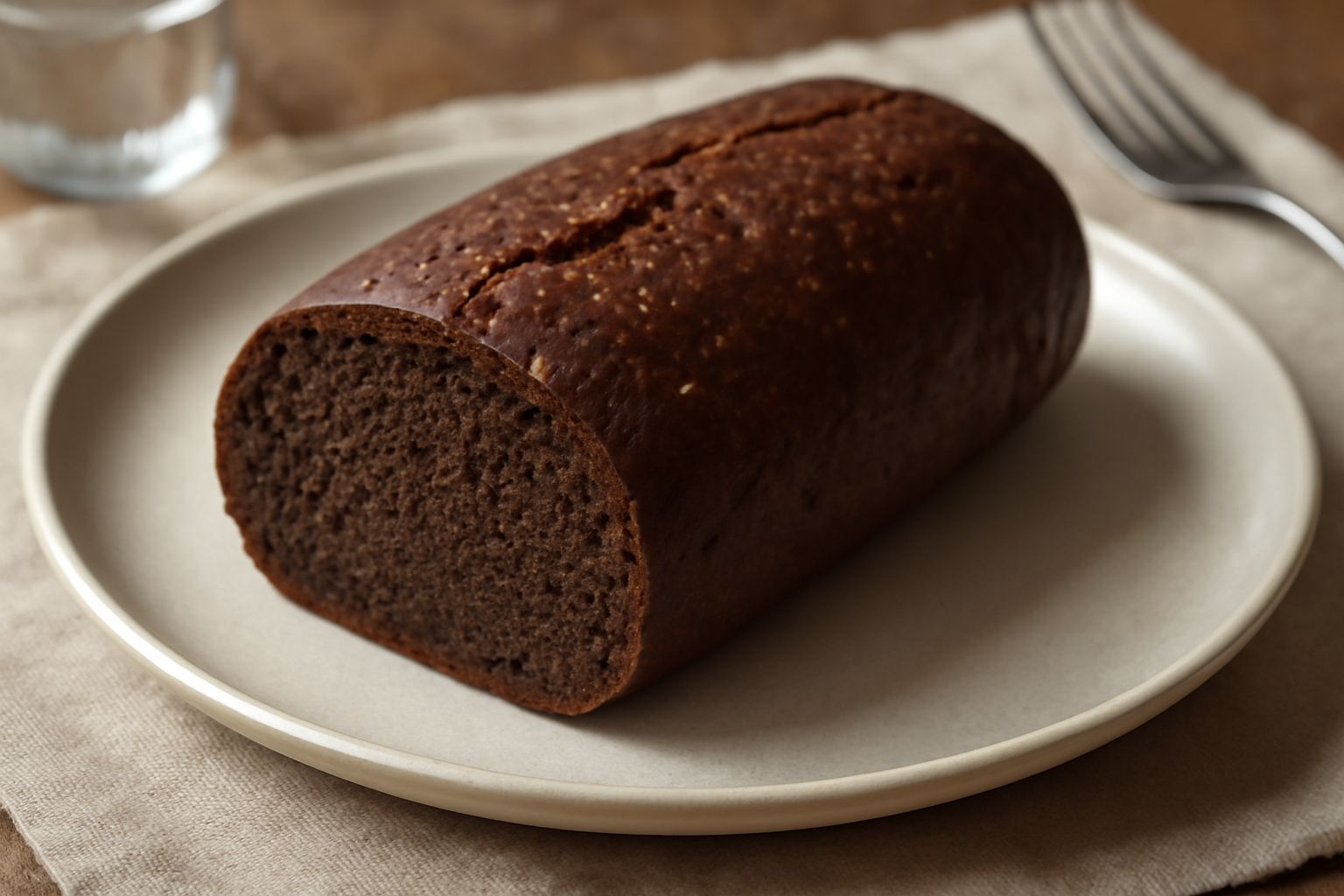 Pane nero di Voghera affettato su una tavola di legno, con mollica scura e compatta, crosta marrone scuro croccante, accanto un coltello da pane, su sfondo neutro