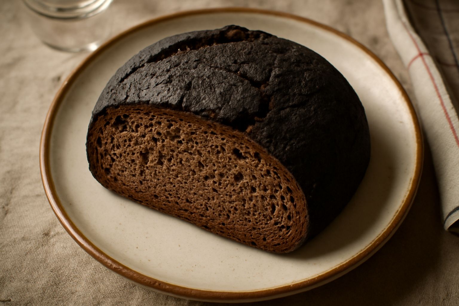 Pane nero di Volterra tagliato a fette su un tavolo di legno, con la crosta scura e rugosa, la mollica marrone chiaro visibile in sezione, accanto a una tazza di terracotta con olio d'oliva