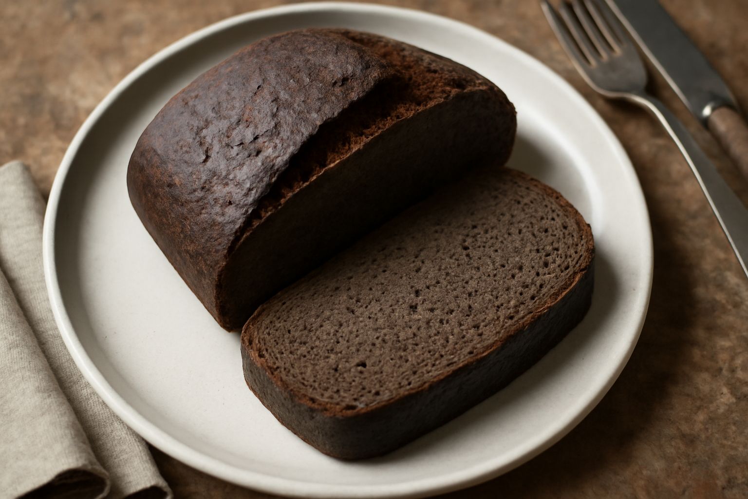 Pane nero lombardo affettato su tavola di legno, con crosta marrone scuro e screpolata, interno scuro e omogeneo, accanto spighe di segale e barattolo di malto d'orzo