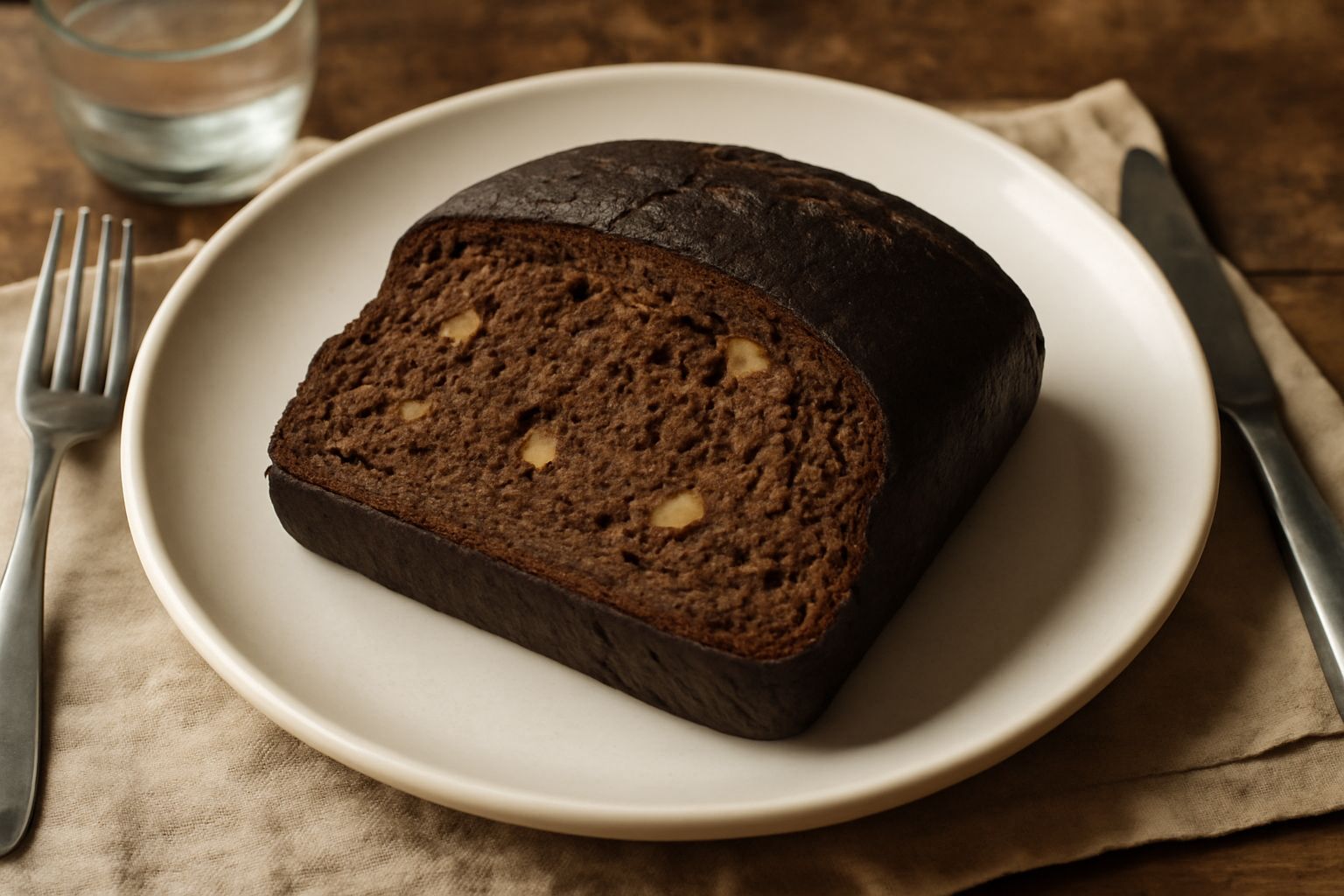Pane nero piemontese a fette su tavolo di legno, crosta scura e compatta, mollica densa color marrone scuro con frammenti di noci visibili, accanto a piccola terrina di miele
