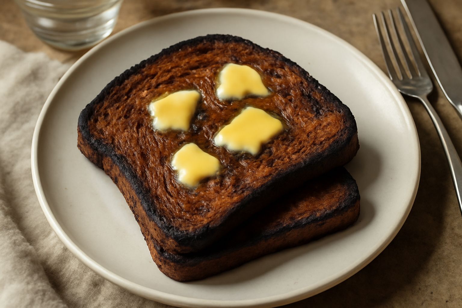 Fette di pane nero tostato su un piatto bianco, coperte di burro giallo che inizia a sciogliersi, con sfumature dorate ai bordi e briciole scure intorno