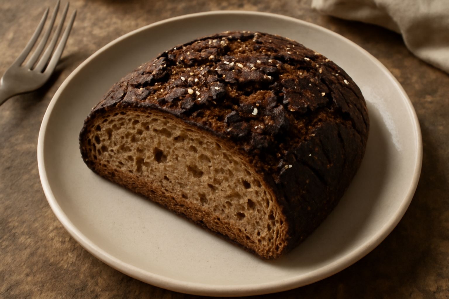 Pane nero trapanese intero e affettato su piano di legno bianco, crosta scura e ricca di screpolature, interno color nocciola chiaro, con granelli di sale marino visibili sulla superficie
