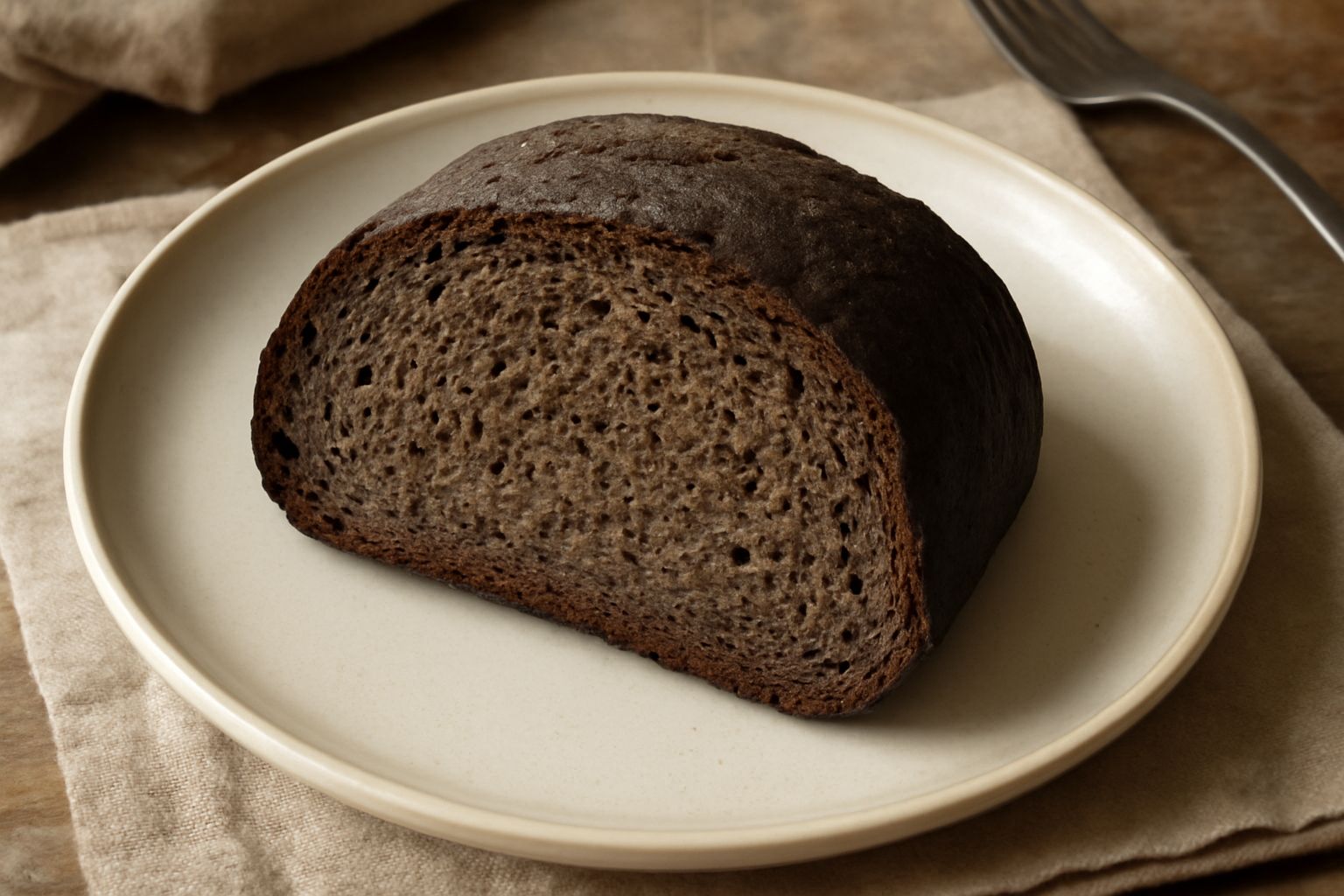 Una pagnotta di pane nero trentino, sezione interna, con crumb denso e scuro, tagliata a fette disposte su tavolo di legno con grani di segale sparsi intorno