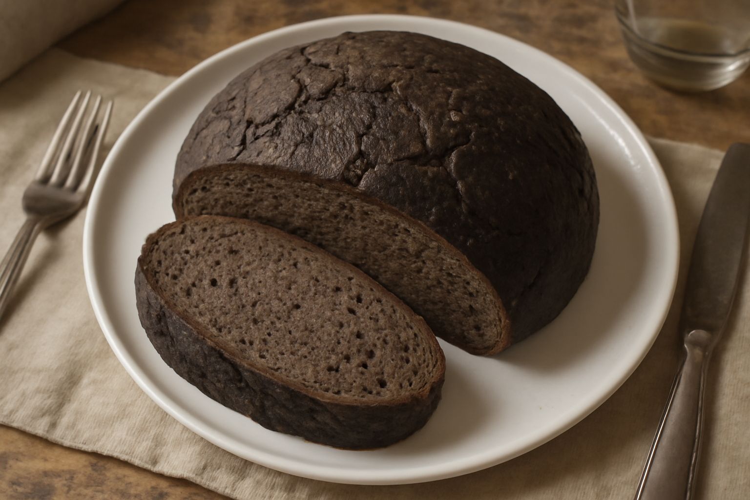 Pane nero valdostano intero e affettato su una tavola di legno, con crosta spessa marrone scuro e miga compatta grigio scuro, accanto a un coltello seghettato e una pezza di lino naturale