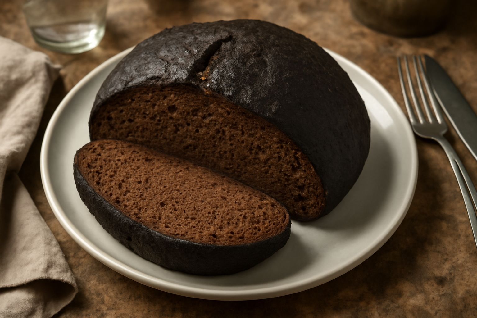 Pane nieddu sardo a fette, di colore marrone scuro, con crosta spessa e rugosa, miga compatta e umida, poggiato su tavola di legno con spighe di grano accanto