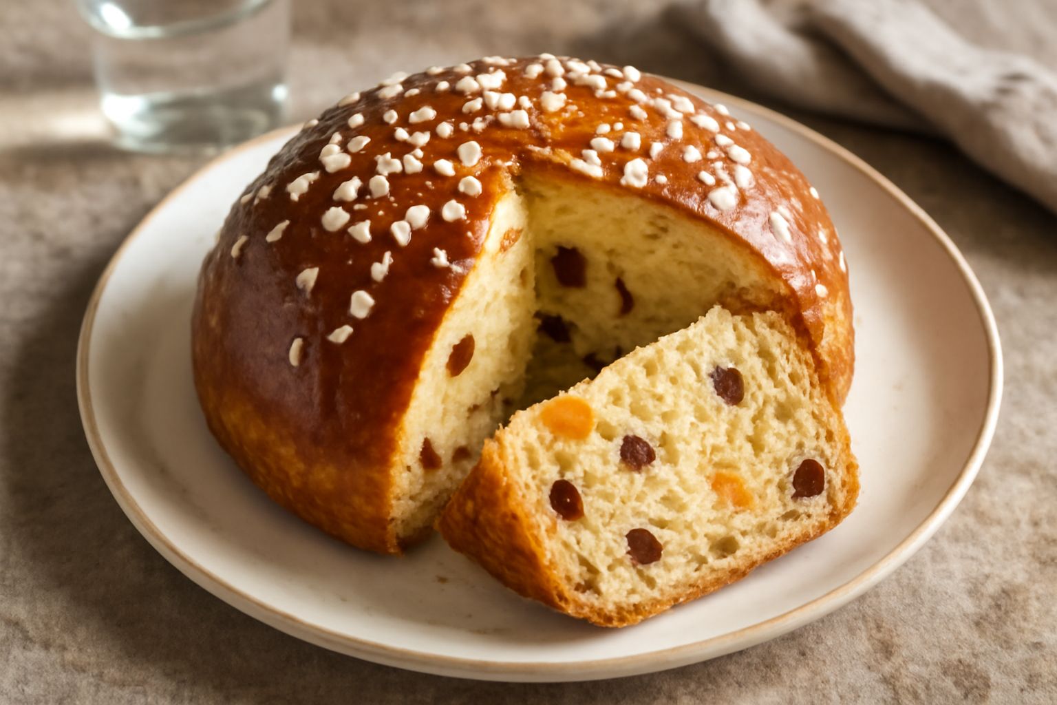 Pane pasquale intero tondo con cupola dorata, glassato e decorato con granella di zucchero, su un piatto bianco con uova dipinte accanto