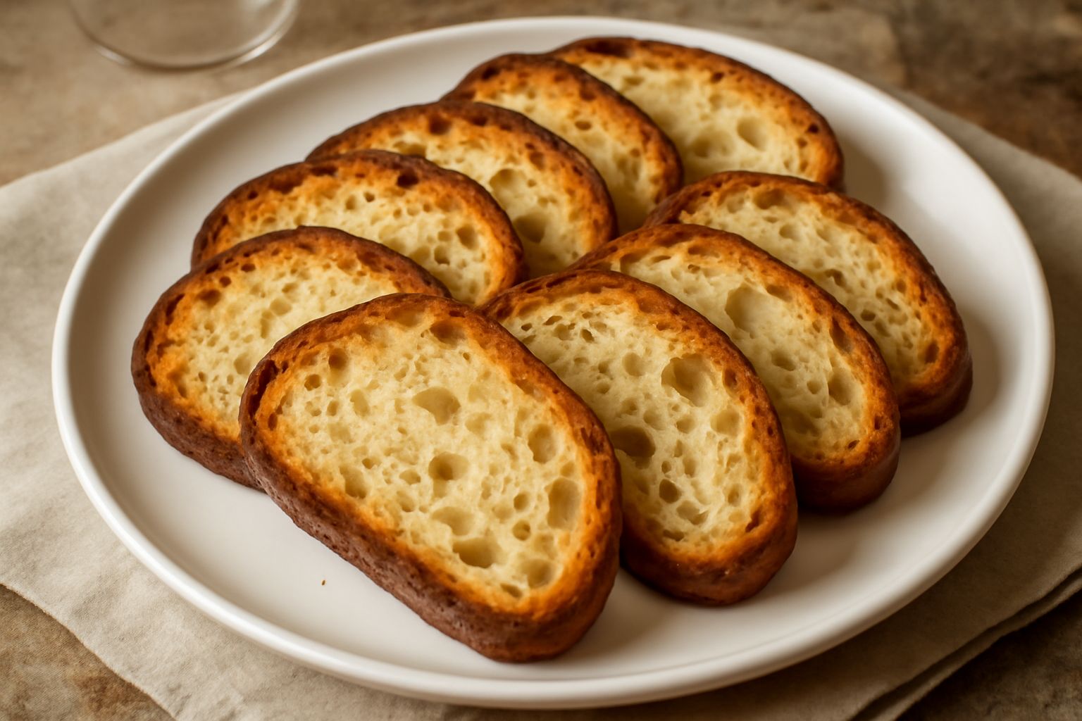 Fette di pane tostato color oro e marrone, tagliate sottili e impilate, con una crosta croccante visibile e l'interno poroso color panna, appoggiate su un tagliere di legno con una lama di coltello a 