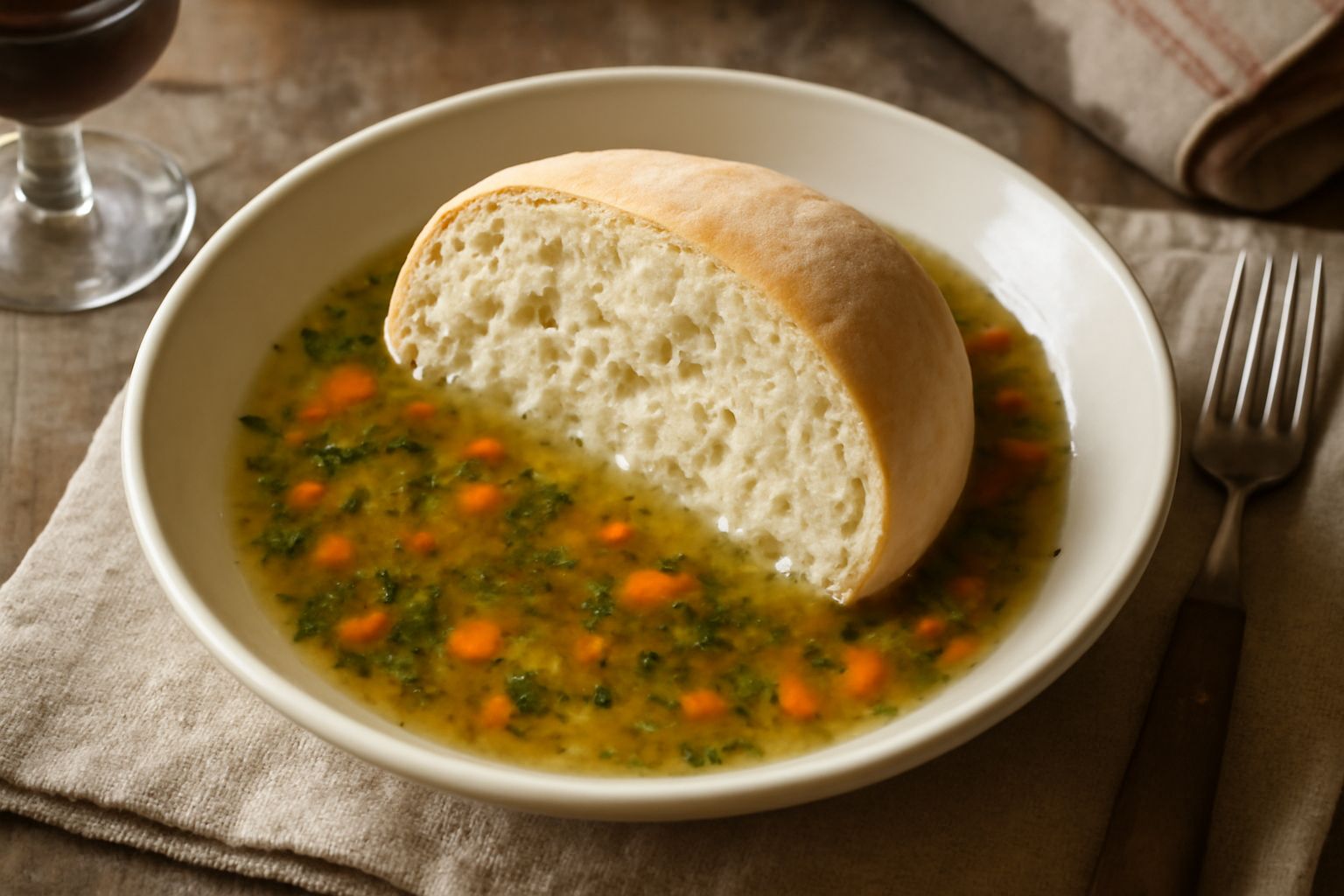 Una pagnotta di pane chiaro a fetta grossa, dalla mollica bianca e soffice, posta su un piatto bianco di ceramica accanto a una tazza di brodo tiepido