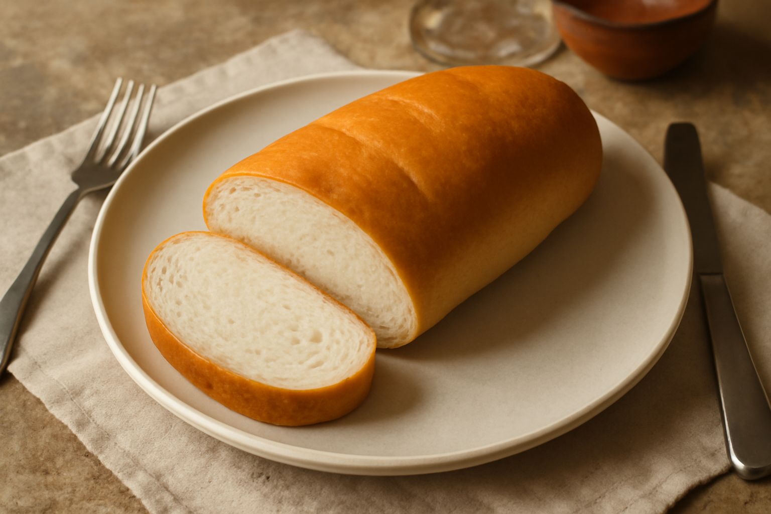 Pane toscano pitu tagliato a metà su un tavolo di legno, miga bianca e soffice, crosta dorata, accanto a una tazza di olio d oliva in una ciotola bianca