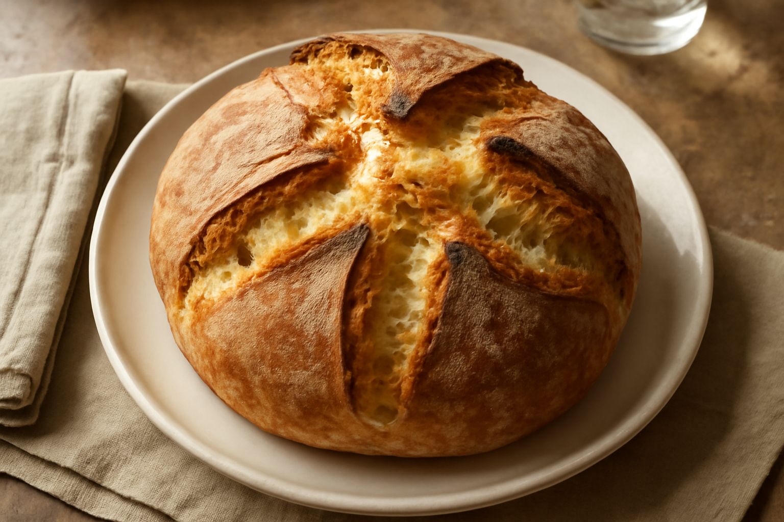 Pagnotta di pane pugliese con crosta dorata e screpolature naturali, tagliata a metà su un tavolo di legno rustico. Interno bianco crema, miglhe visibili sulla superficie.