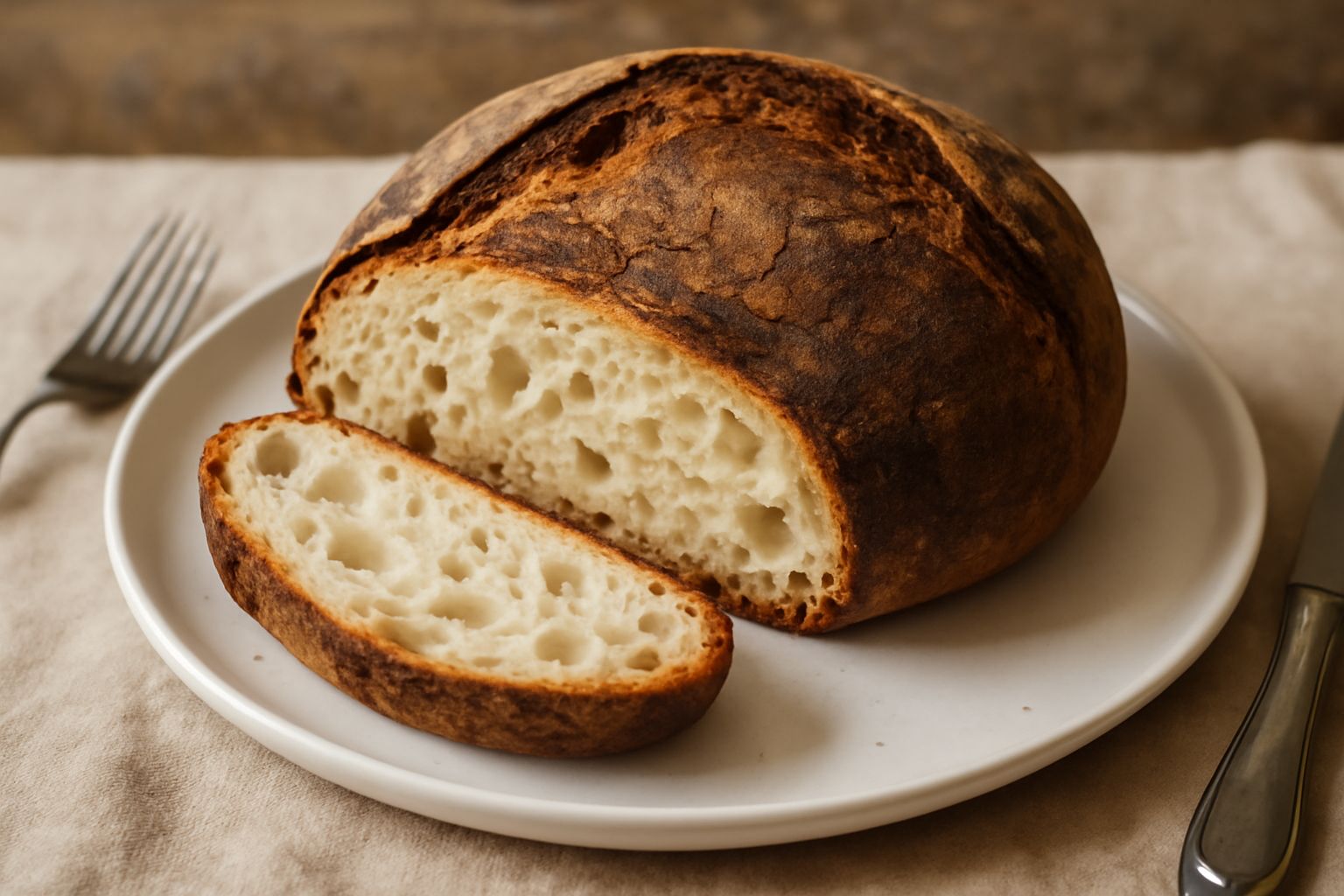 Pane pugliese con crosta dorata e screpolature sulla superficie, tagliato a fette, con mollica bianca e soffice, impiattato su tavola di legno con un filo d'olio d'oliva