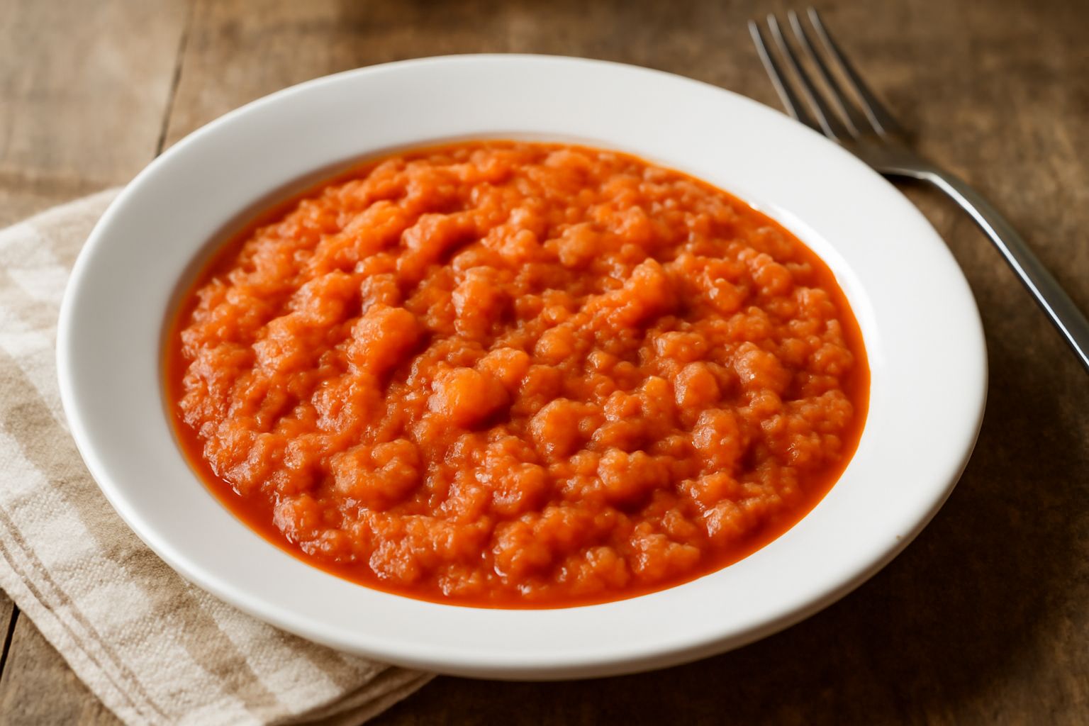 Ciotola di ceramica bianca con zuppa di pane raffermo e pomodoro, cubetti di pane scuro e morbido immersi in salsa rossa, basilico fresco sopra, cucchiaio di legno a lato