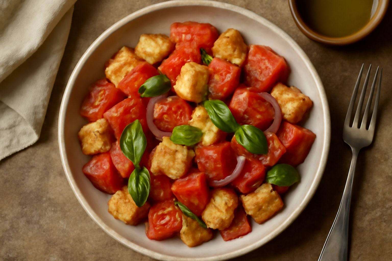 Ciotola di pane raffermo tagliato a dadi mescolato con pomodori rossi maturi, basilico verde, fette di cipolla rossa, tutto condito con olio d'oliva lucido e disposto su un piatto bianco