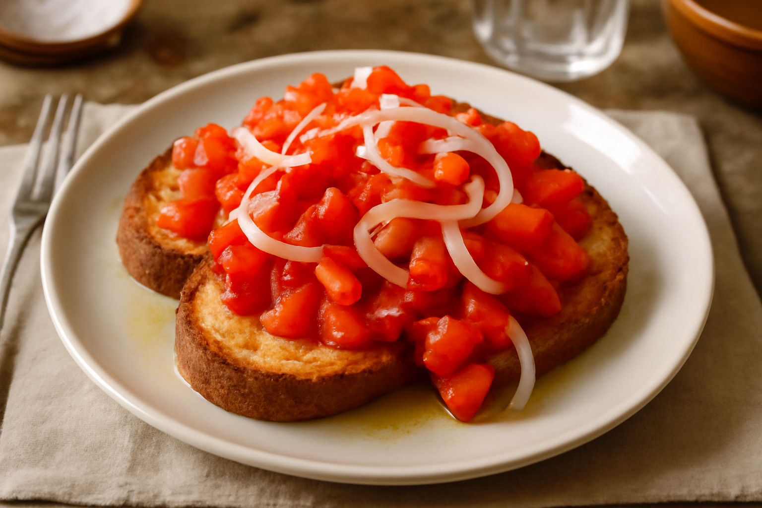 Fette di pane tostato color oro disposte nel piatto, coperte di pomodori rossi a dadini e cipolle bianche traslucide, oil verdure ben visibili e pane leggermente umido ai bordi