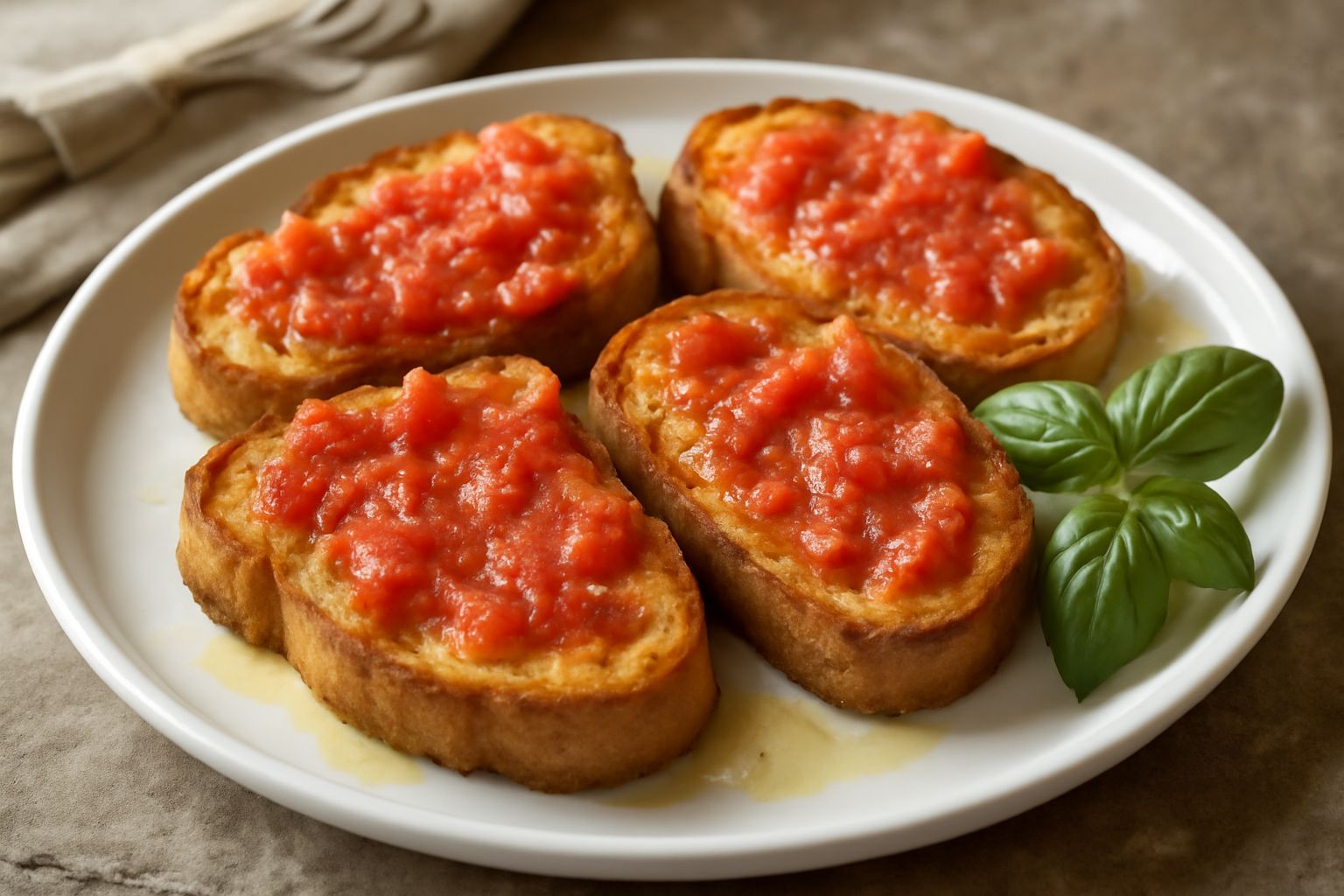 Piatto bianco con fette di pane tostato croccante condite con pomodori rossi freschi, basilico verde e olio dorato, servito su tavolo in luce naturale