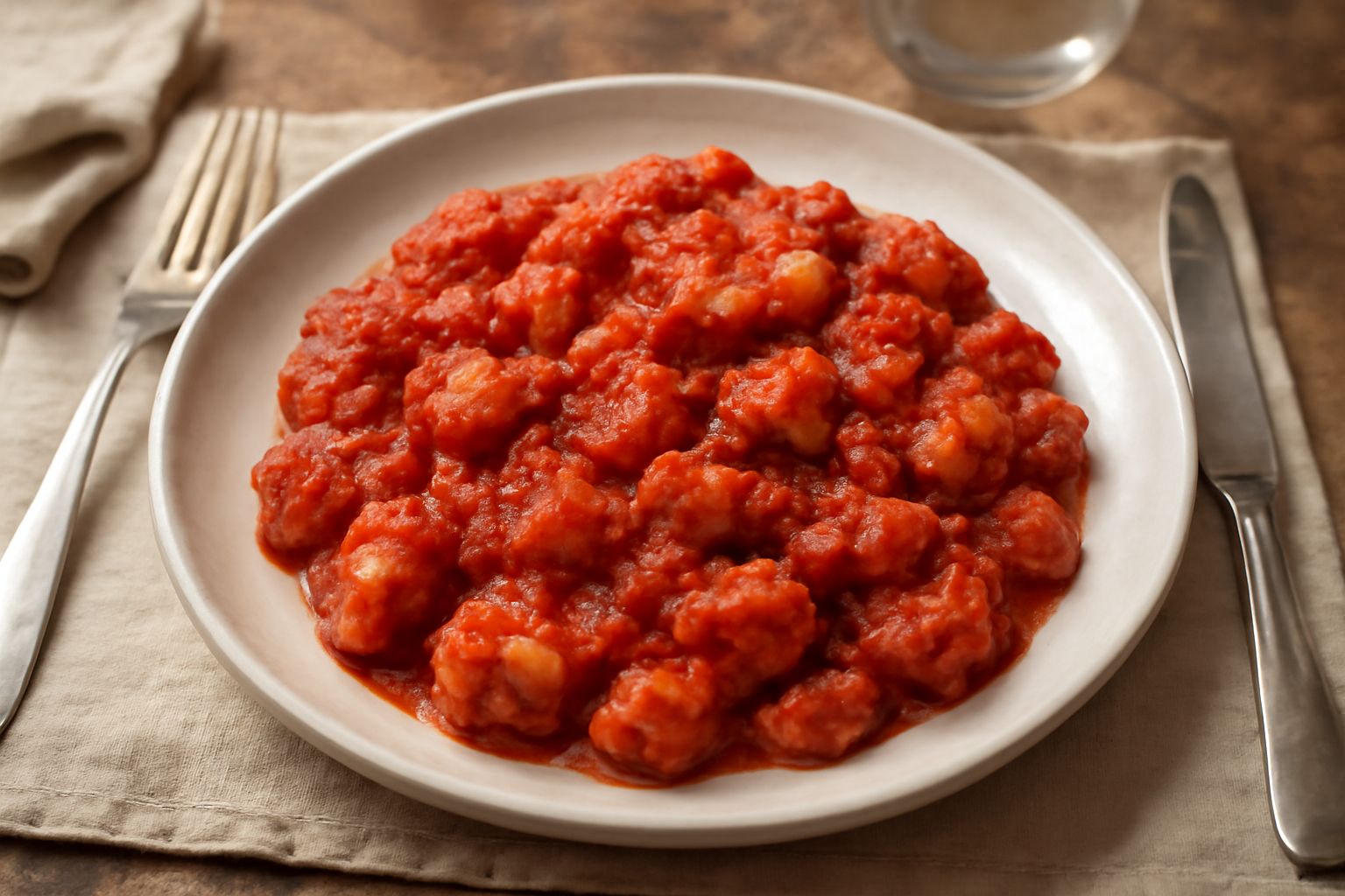 Piatto fondo con pane raffermo ammorbidito in sugo di pomodoro ricco, pezzetti di pane visibili che assorbono il sugo rosso scuro, guarnito con formaggio grattugiato bianco e basilico verde fresco