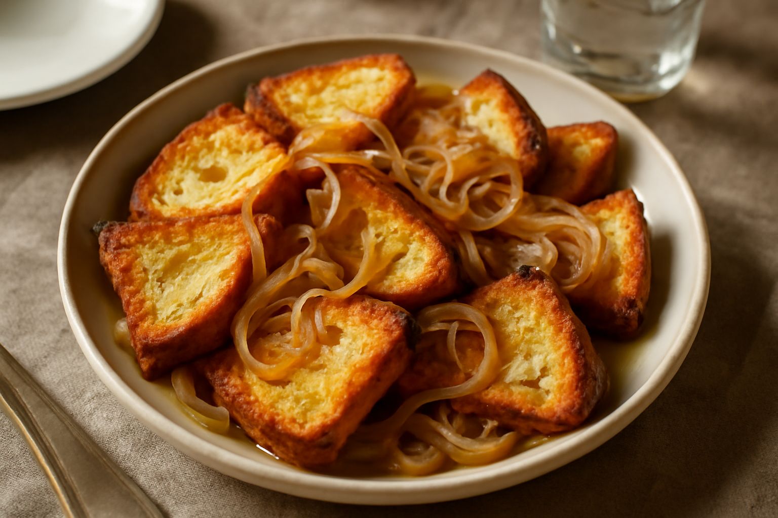 Pane raffermo tagliato a fette dorate e croccanti in una padella di ferro, con cipolla color oro caramellata sparse sopra, aglio schiacciato visibile, tre o quattro foglie di prezzemolo fresco, versam