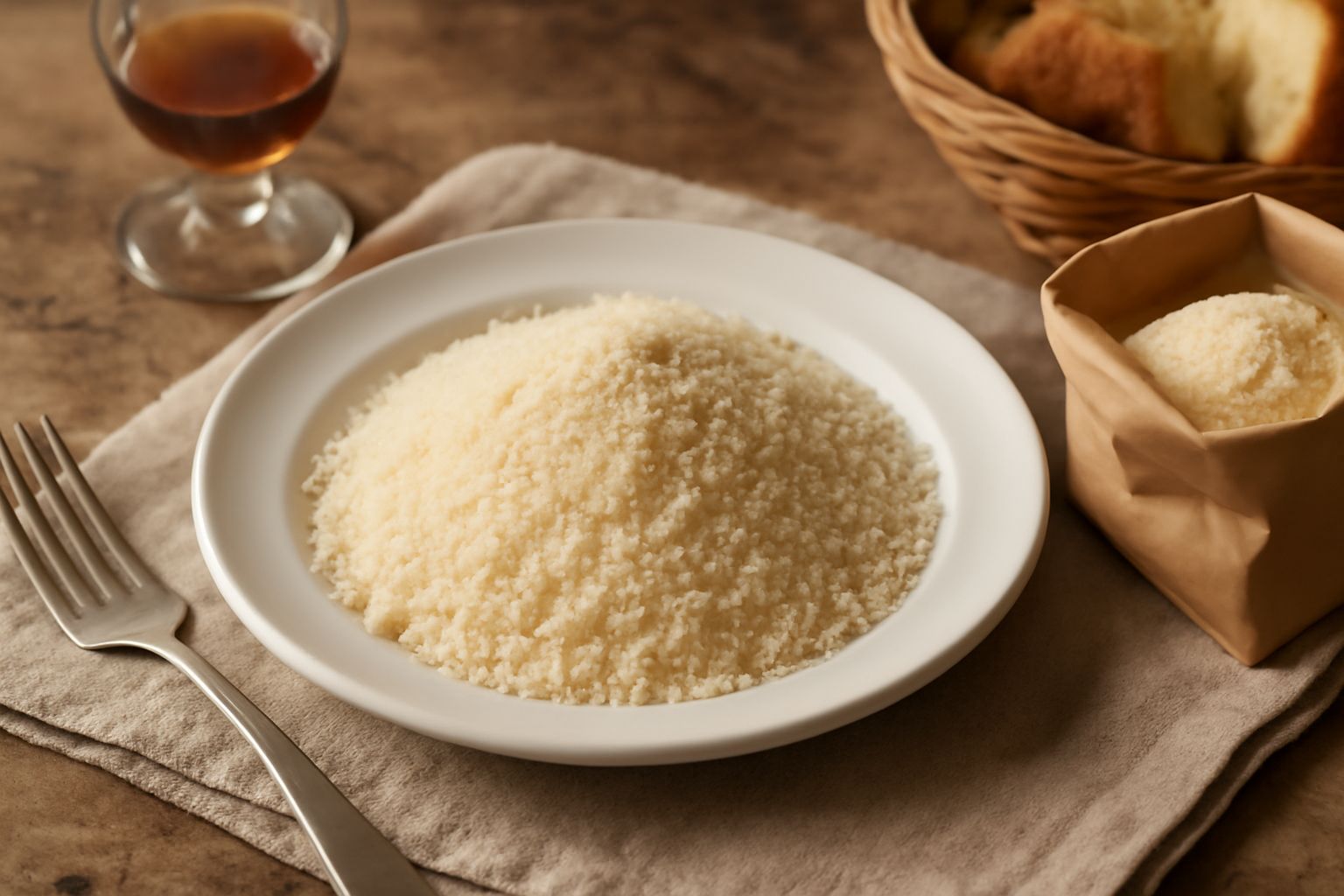 Pane raffermo grattugiato in una ciotola bianca, con mollica friabile color panna e qualche briciola più grande sparsa sulla superficie; accanto un pane toscano scuro parzialmente affettato su un tagl