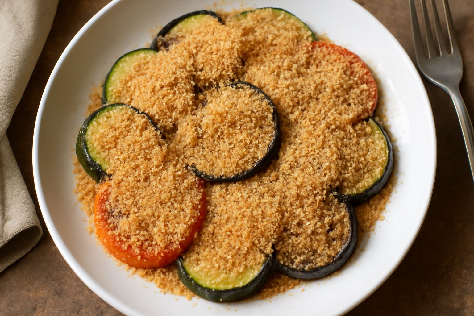 Piatto di verdure grigliate con zucchine, melanzane e pomodori ricoperti di pangrattato dorato croccante, condite con olio d'oliva e prezzemolo fresco