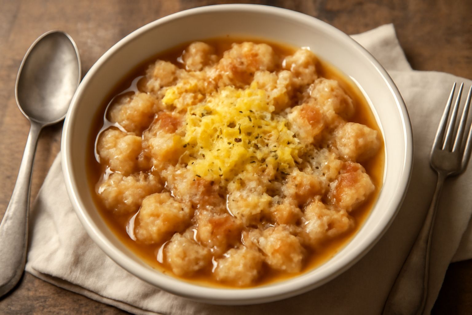 Una ciotola di ceramica bianca con pane raffermo immerso in brodo caldo, formaggio grattugiato giallo sulla superficie, pepe nero in polvere, cucchiaio in acciaio sul bordo destro