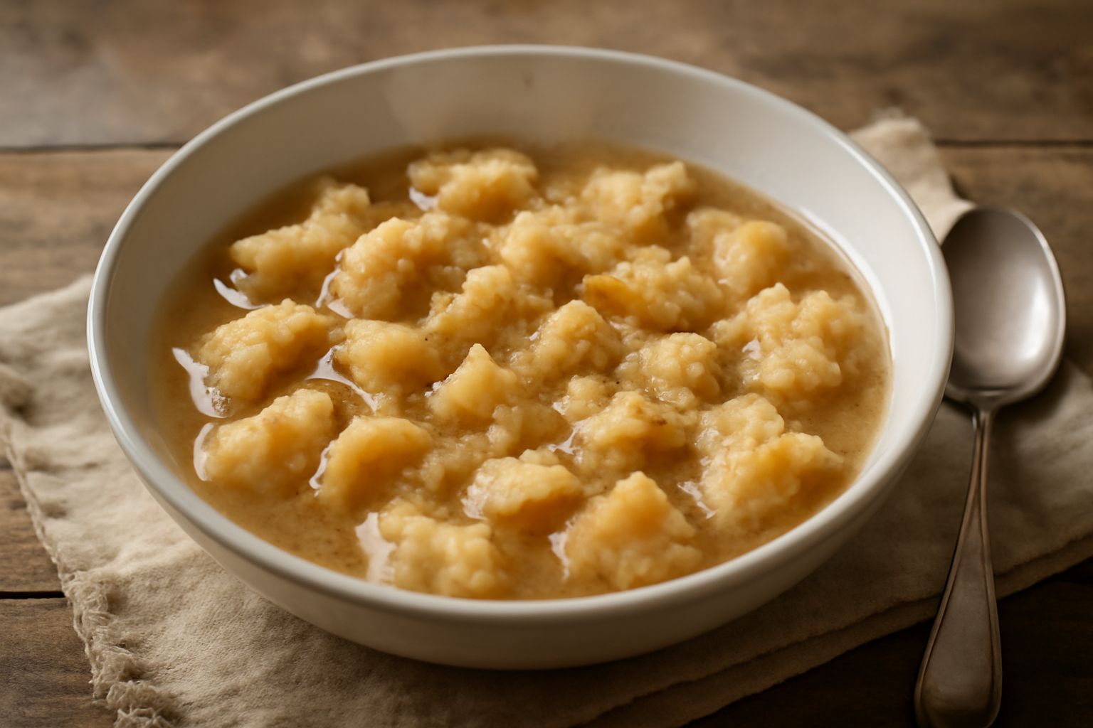 Una ciotola bianca di ceramica con pane raffermo spezzato a pezzi gialli e dorati, immerso in brodo trasparente caldo, con qualche filo di prezzemolo verde fresco sulla superficie